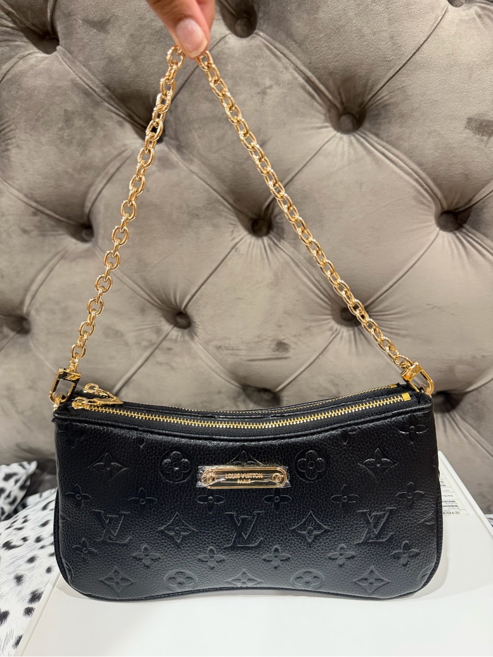 Louis Vuitton Black Monogram Embossed Leather Shoulder Bag with Gold Chain